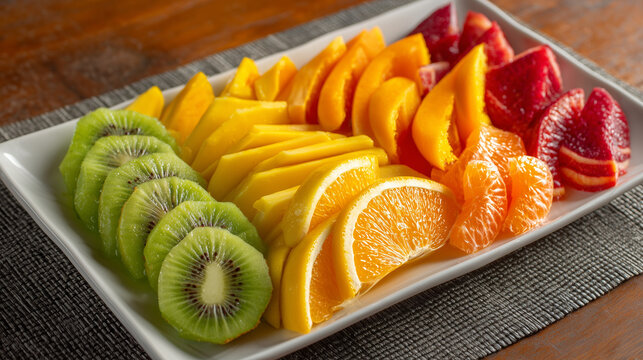 A rectangular white plate filled with a colorful assortment of sliced fresh fruits arranged neatly - Powered by Adobe