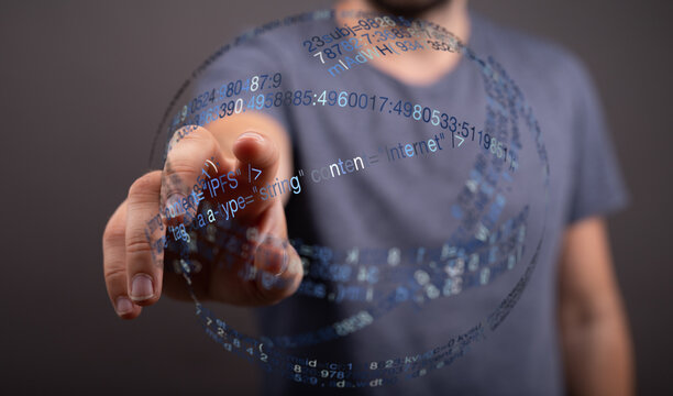 Man's hand interacting with a stream of digital code, representing technology, internet, and data. Suitable for IT, cybersecurity, an