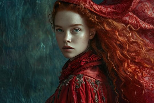 Studio portrait of a redhead model wearing a red dress and a flowing red scarf - Powered by Adobe