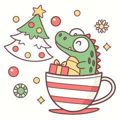 Charming SVG of a Funny Alligator featuring in a teacup, styled in a Christmas theme with Festive Cheer hues
