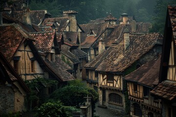 Fototapeta premium Charming medieval architecture with timber framed houses and tiled roofs creates a picturesque scene in eguisheim, france