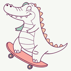 Vector illustration of a Amused Alligator with riding a skateboard, styled in a Random theme using Random colors