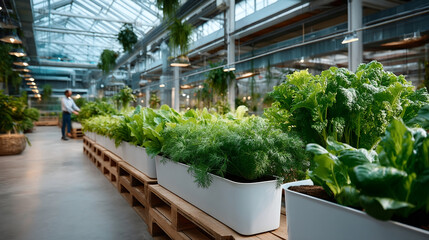Indoor aquaponics farm with lush green lettuce and herbs growing in white containers under natural light, creating fresh and vibrant atmosphere