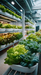 Indoor vertical hydroponic farm with fresh green lettuce and kale growing white containers artificial light, showcasing sustainable urban