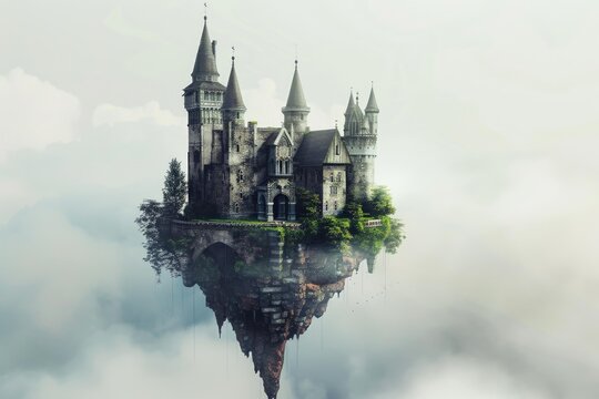 Mysterious medieval castle floating on a rock in the sky, surrounded by fog and clouds, creating a surreal and fantasy atmosphere