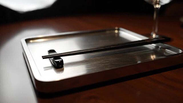 Elegant Chopsticks and Holder on Silver Tray - A close-up shot showcases a pair of dark chopsticks resting neatly on a shiny black chopstick holder, all presented on a sleek silver rectangular tray.