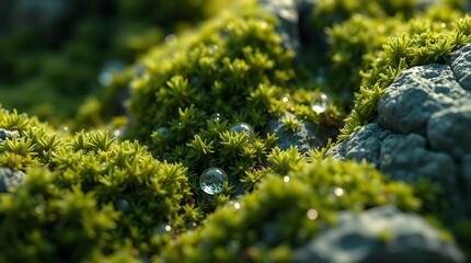 Ultra-close macro texture of moss with micro water droplets on a stone surface in soft ambient light.
