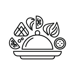 Cloche serving platter with various food garnishes line icon vector