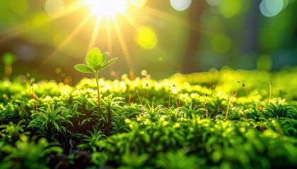 A young green sprout emerges from a carpet of moss, illuminated by the bright, golden rays of the sun.