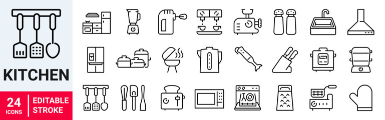 Kitchen web line icon set. Food, fork, glass, dish, blender, spices, spoon, knife and utensils. Vector illustration