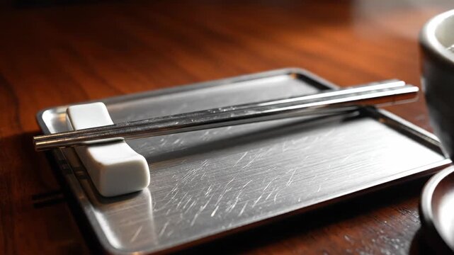 Chopsticks Resting on Holder - A set of stainless steel chopsticks are resting on a white ceramic holder, which sits on a metal tray. A cup of water sits to the right on a dark wood table.