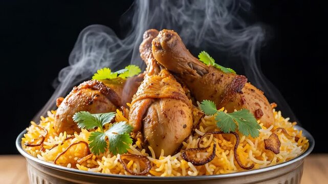 Steaming bowl of chicken biryani garnished with cilantro and fried onion