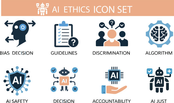 AI Ethics Icon Set – Data Privacy, Fairness, Bias Detection, Explainable AI & Transparency Vector Icons