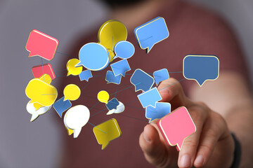 Abstract image featuring floating speech bubbles. Concept of communication, social media, data flow, sharing id