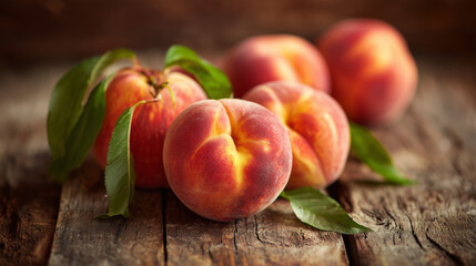 Close up of peaches with leaves on a wooden table showcasing their vibrant colors and texture