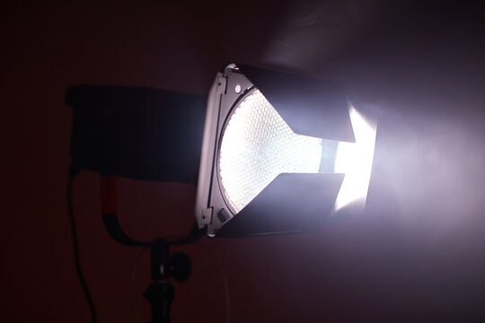 Modern LED studio lights and set for commercial video and photography use.