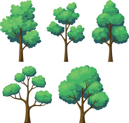 Collection of five stylized green trees with brown trunks and lush foliage isolated on a white background