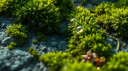 Ultra-close macro texture of moss with micro water droplets on a stone surface in soft ambient light.