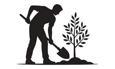 "Gardener Planting Young Tree Silhouette – Gardening Worker Vector Art"