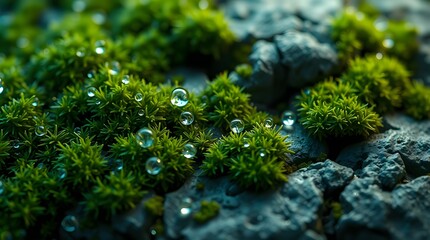 Ultra-close macro texture of moss with micro water droplets on a stone surface in soft ambient light.