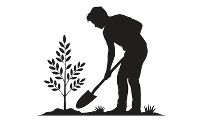 "Gardener Planting Young Tree Silhouette – Gardening Worker Vector Art"