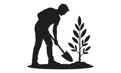 "Gardener Planting Young Tree Silhouette – Gardening Worker Vector Art"