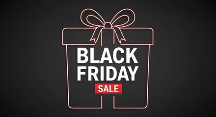Neon black friday sale gift box outline on a dark background for promotional advertising