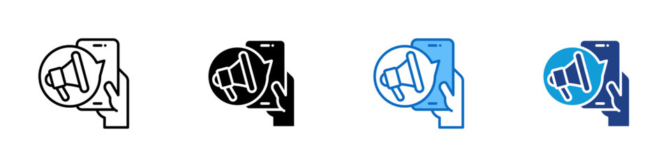 Influencer Campaign Multiple Style Icon Design Vector - smartphone with a circular overlay showing a megaphone held by a hand, emphasizing influencer promotion, social outreach, and online sales