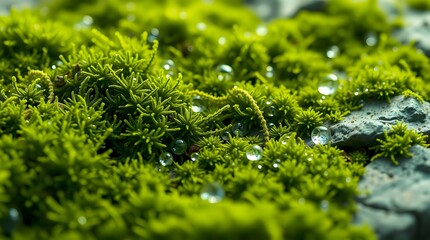 Ultra-close macro texture of moss with micro water droplets on a stone surface in soft ambient light.