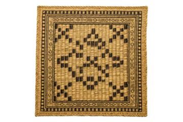 Traditional handmade straw mat with black geometric decoration isolated on transparent background