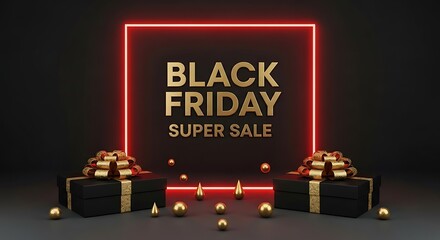 Black friday super sale with gifts and neon square frame on dark background for promotion event