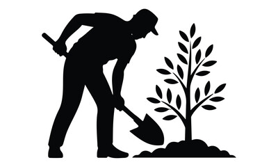 "Gardener Planting Young Tree Silhouette – Gardening Worker Vector Art"