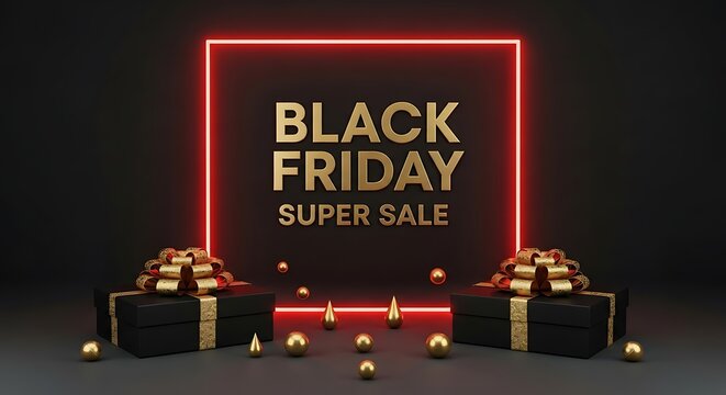 Black friday super sale with gifts and neon square frame on dark background for promotion event