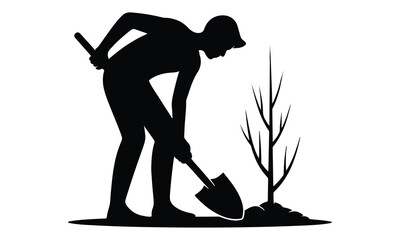 "Gardener Planting Young Tree Silhouette – Gardening Worker Vector Art"