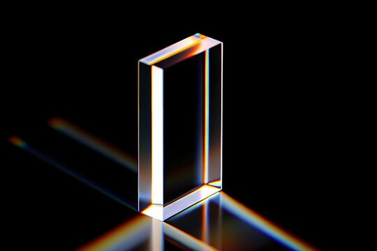 Rectangular glass prism refracts light creating a spectrum of rainbow colors on a dark background - Powered by Adobe