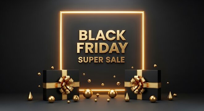Black friday super sale with gifts and golden frame on a dark background in studio shot