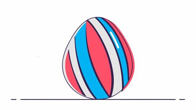 A decorated easter egg with pink blue and white stripes sitting on a thin dark blue line on white background