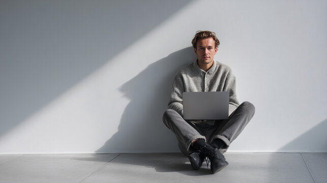 Person sitting on the floor in modern casual clothing using a laptop. - Powered by Adobe