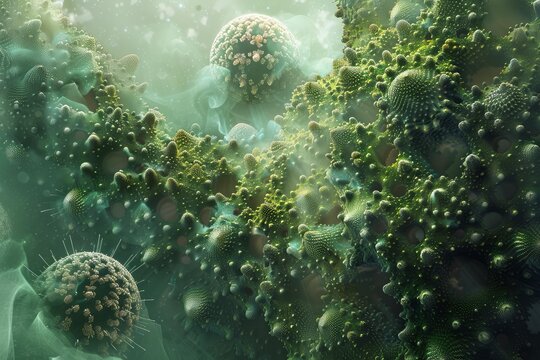 Microscopic view of virus infecting cells, creating an abstract biological landscape, concept of disease and infection