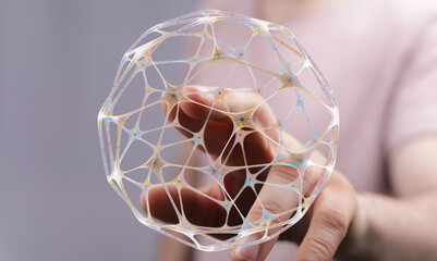Person holding a digital sphere, concept of connection, network, and technology. Representing data, communication, and innovation in