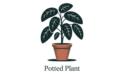 "Minimal Potted Plant with Green Leaves – Indoor Houseplant Vector Art"