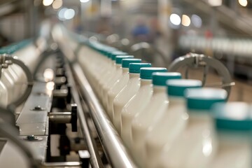 Fototapeta premium Plastic milk bottles going through production line in a dairy factory