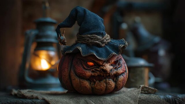 Sinister grinning pumpkin with witch hat and glowing lantern for halloween decorations