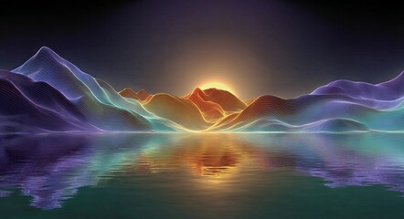 A colorful mountain range with a sun in the sky