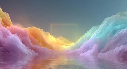 A colorful sky with a rainbow and a large, empty box in the middle