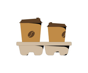 Coffee to go cups in cardboard cupholder. Takeaway hot drinks in carton mugs with plastic lids. Pair of take-away cappuccino in paper holder. Flat vector illustration isolated on white background