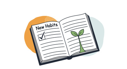 New habits journal with leaf sprout and checkmark on open pages