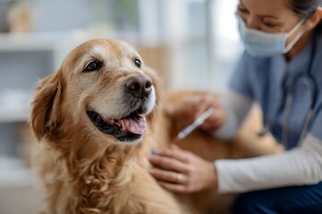 A Golden Retriever receives a vaccine injection from a masked veterinarian in a clinic, symbolizing preventative pet healthcare, vaccination, and responsible animal ownership.