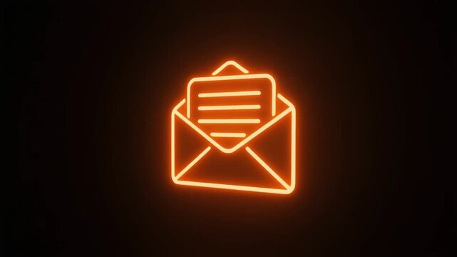 Animate an orange neon open envelope with a letter inside on a dark background