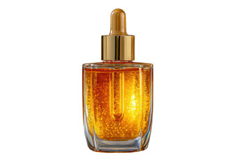 Radiant Serum of Luxury: A gleaming bottle of serum, glistening with golden particles, embodies the essence of beauty and skincare, promising revitalized skin